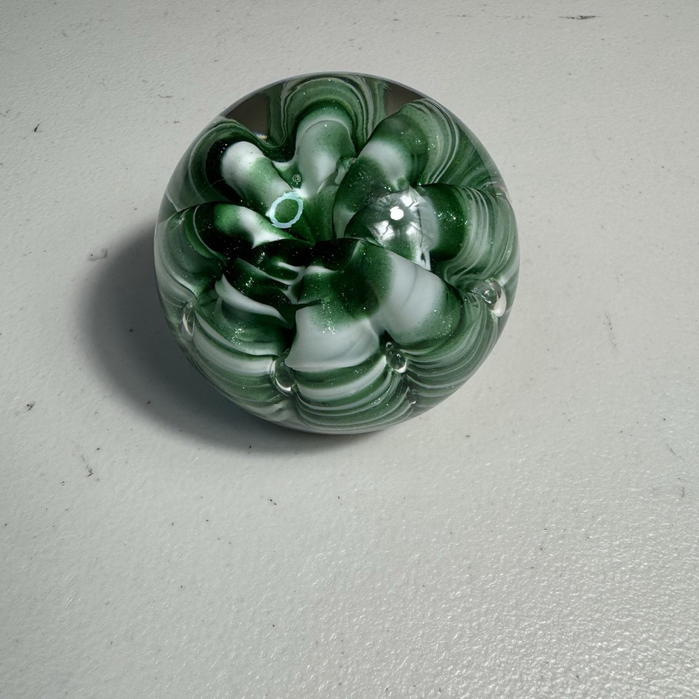 Vintage Joe Rice 2003 Art Glass Paperweight Green & White Swirl Handmade